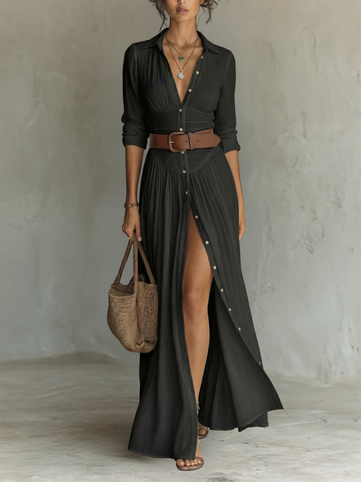 Casual women's buttondown maxi dress, a chic boho shirtdress for summer, beach, and effortless everyday wear.