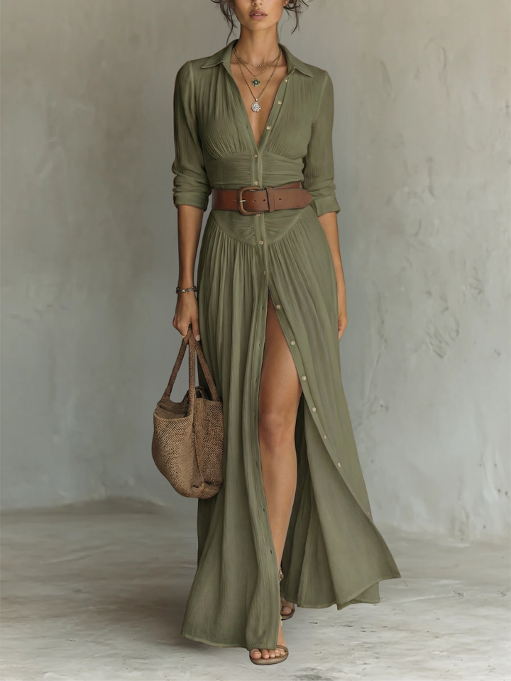 Women's flowy boho maxi shirtdress, a versatile long dress for summer, vacation, and comfortable casual style.