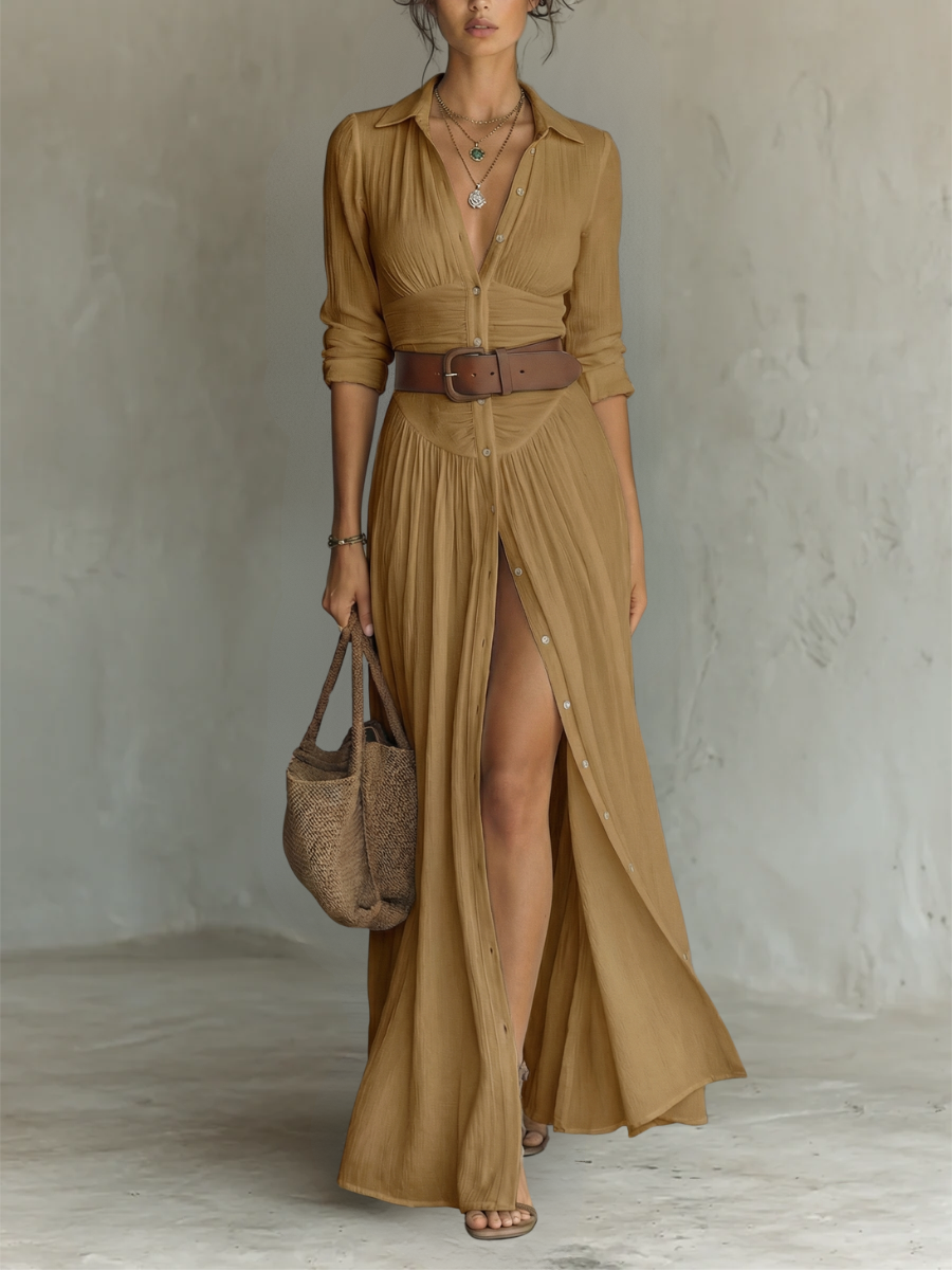 Stylish women's summer maxi dress, a buttondown boho shirtdress, perfect for beach, vacation, or casual outings.