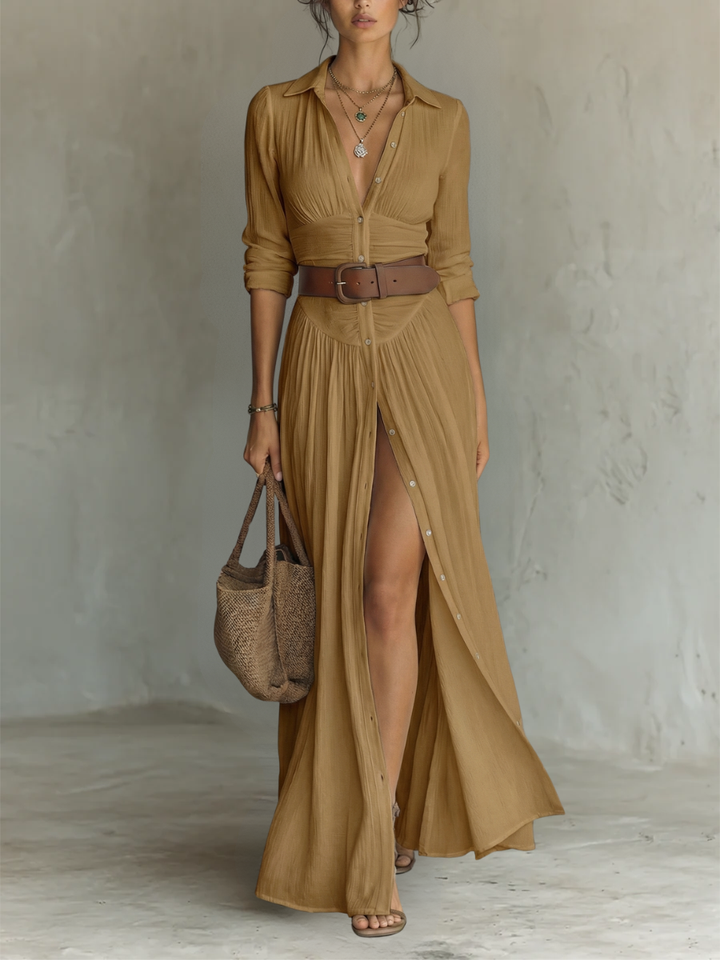 Stylish women's summer maxi dress, a buttondown boho shirtdress, perfect for beach, vacation, or casual outings.