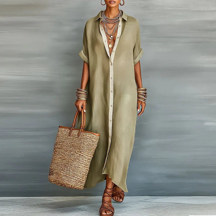 Women's Boho Maxi Shirt Dress with contrast print, short sleeves & button front for stylish summer wear.