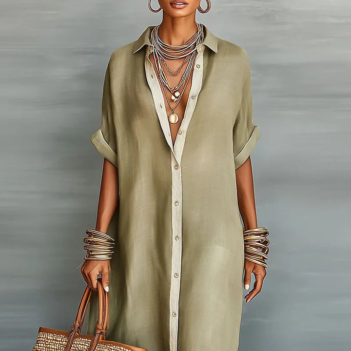 Stylish women's short sleeve Boho Maxi Shirt Dress with button front & unique contrast print. Effortless look.