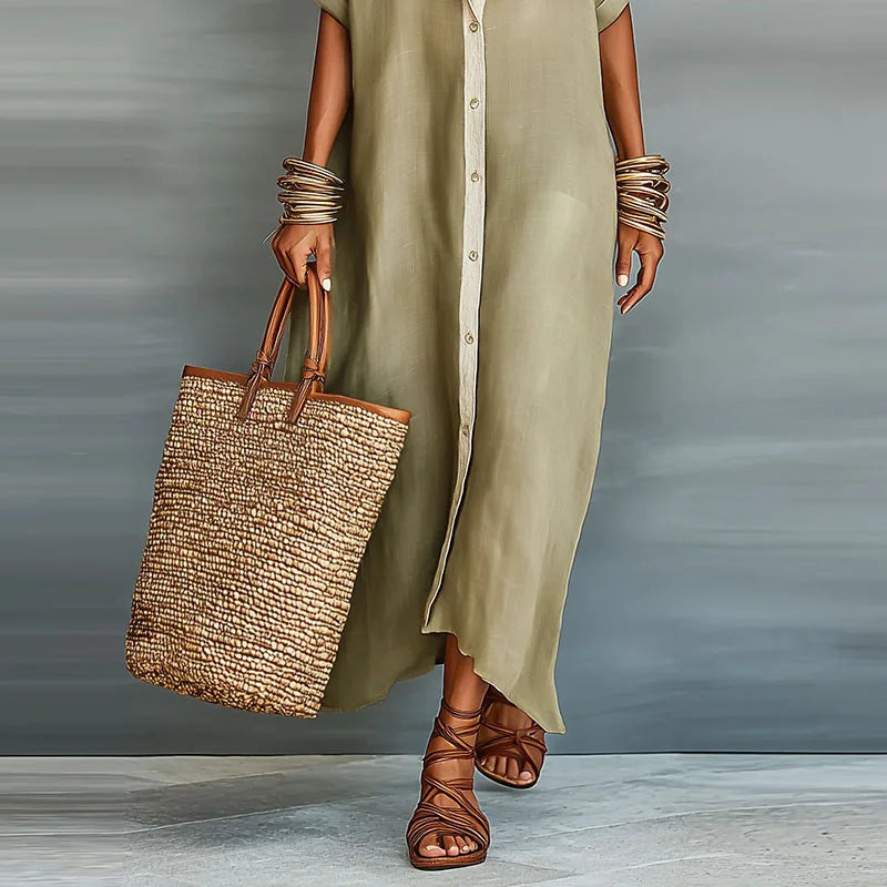 Effortless women's casual Boho Maxi Shirt Dress, relaxed fit & vibrant contrast print for summer.