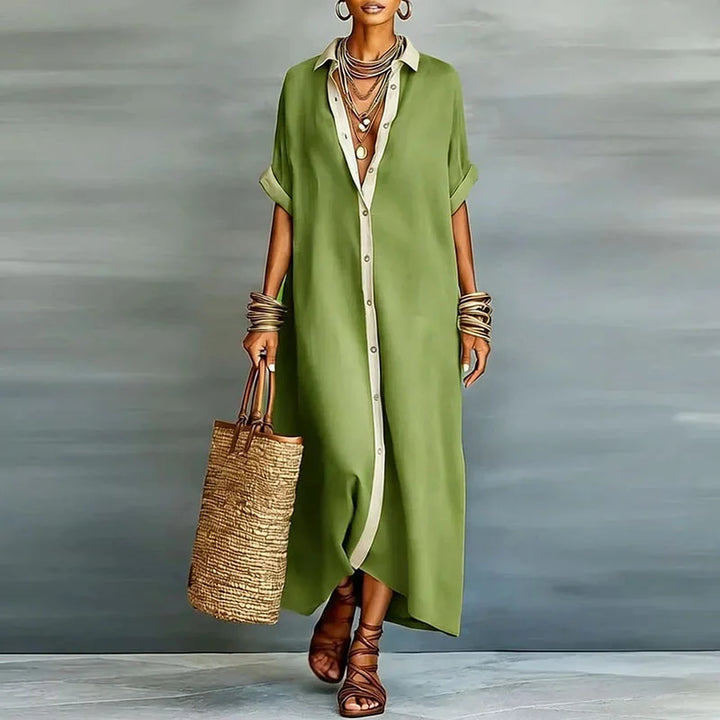 Fashionable women's Boho Maxi Dress, a short sleeve shirt style with contrast print, ideal for vacation wear.