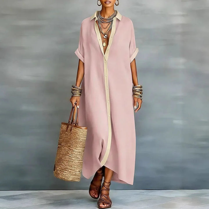 Women's boho maxi shirt dress, short sleeve, contrast print. Perfect for casual summer & vacation style.