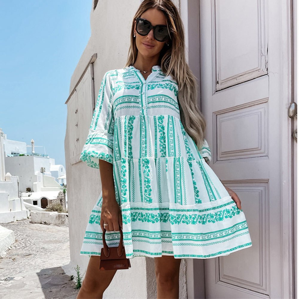 Women's summer mini dress, bohemian style with elegant tiered flare sleeves, perfect beach dress.