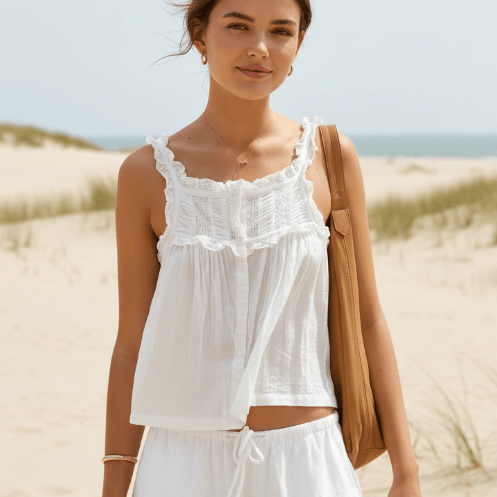 Women's boho off-white lace trim crop top with ruffle detail, perfect for summer, festival, or beach wear.