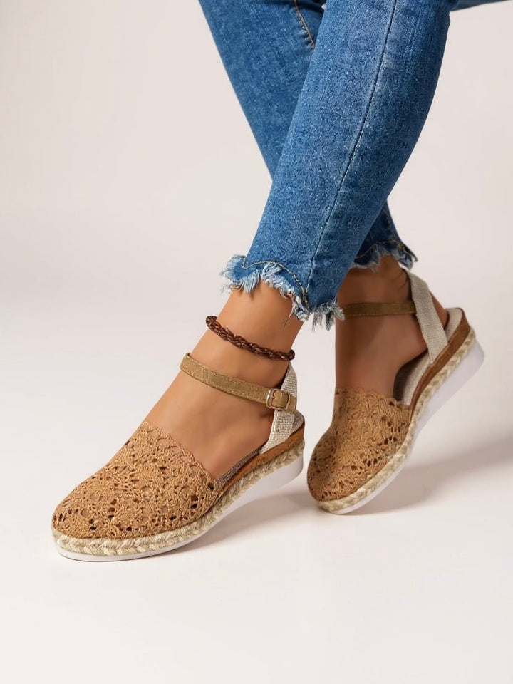 Women's Boho Platform Espadrille Sandals with crochet ankle strap, perfect for summer casual wear.