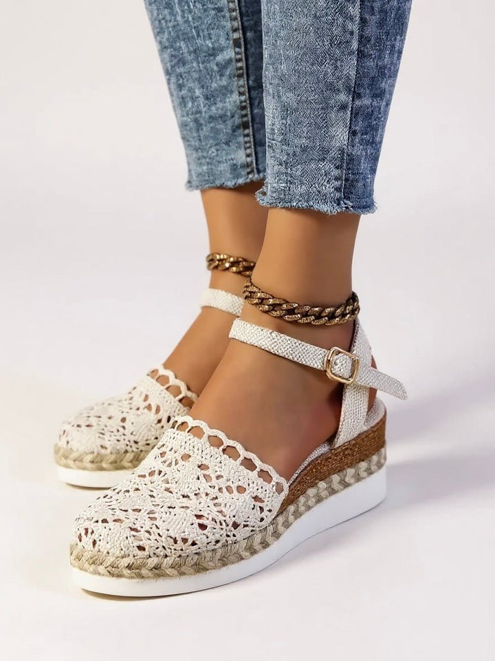 Women's espadrille platform sandals, bohemian style, with a decorative crochet ankle strap.