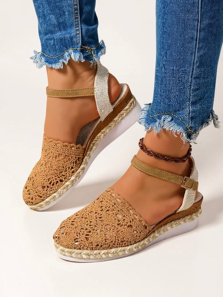 Comfortable women's platform espadrille sandals with boho crochet ankle strap for summer beach days.