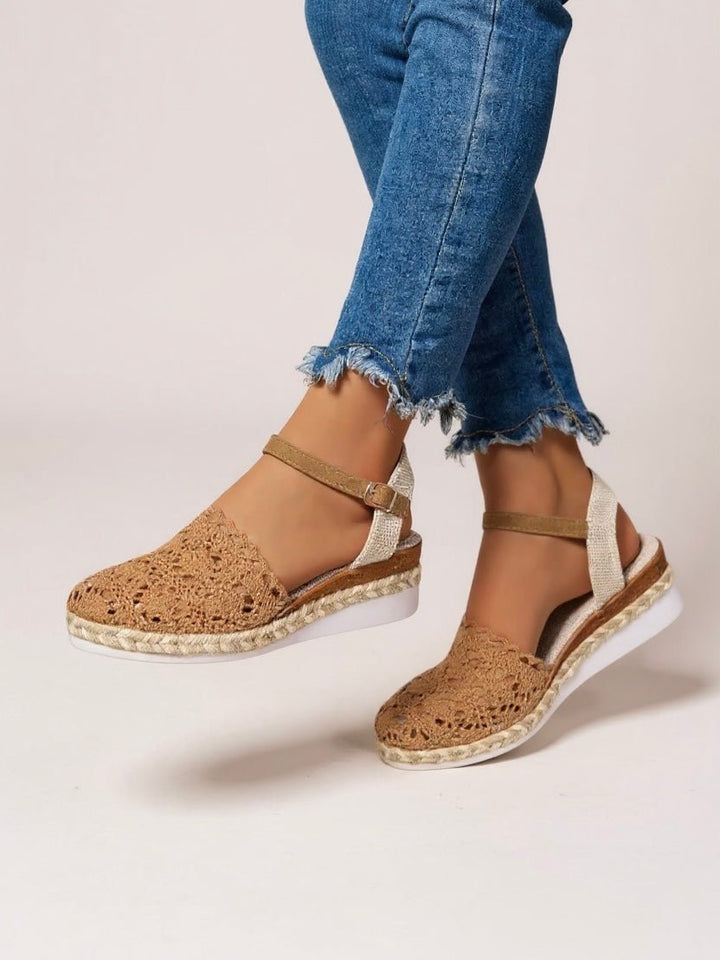 Casual bohemian espadrille platform sandals for women, featuring a chic crochet ankle strap.