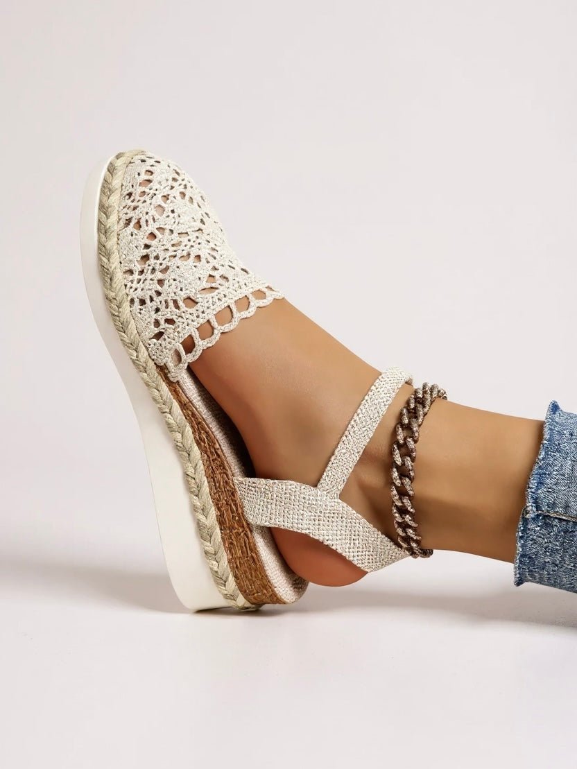 Women's espadrille platform sandals in boho style with a unique crochet ankle strap for beach wear.