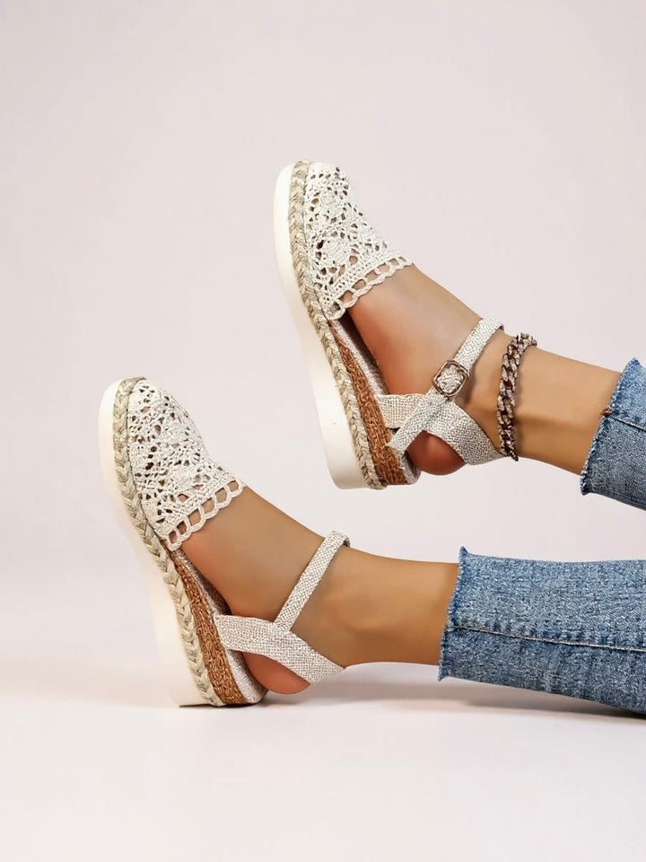 Trendy women's boho flatform espadrille sandals with crochet detail ankle strap, ideal for warm weather.