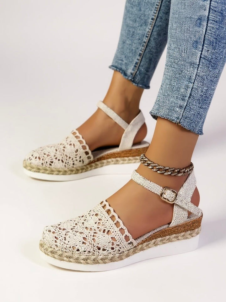 Lightweight women's boho espadrille sandals, platform design, with a comfortable crochet ankle strap.
