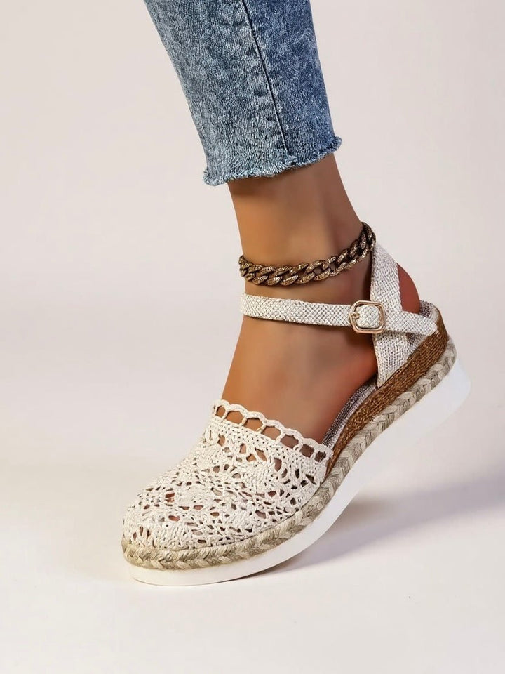 Chic women's casual espadrille sandals with boho platform and elegant crochet ankle strap.