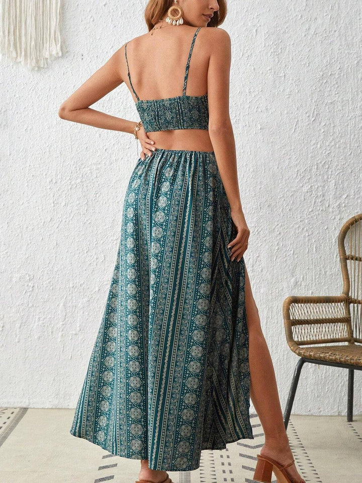 Vibrant women's boho printed maxi sundress, flowy design, adjustable straps for a perfect fit.