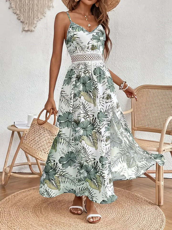 Women's boho tropical print maxi dress, perfect for a wedding guest, summer vacation, or beach resort wear.