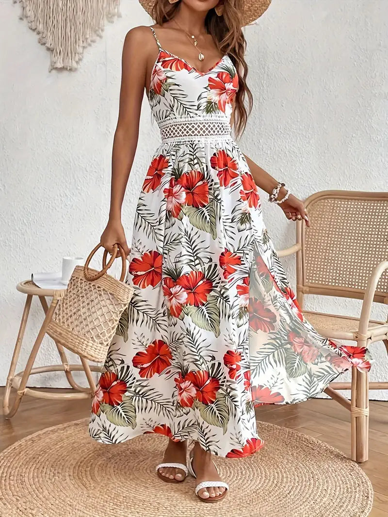 Flowy A-line V-neck maxi dress for women with vibrant tropical print; ideal for summer beach wedding guests.