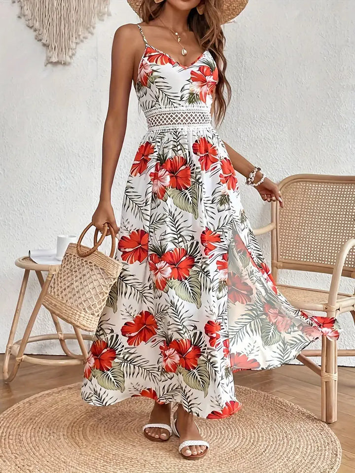 Flowy A-line V-neck maxi dress for women with vibrant tropical print; ideal for summer beach wedding guests.
