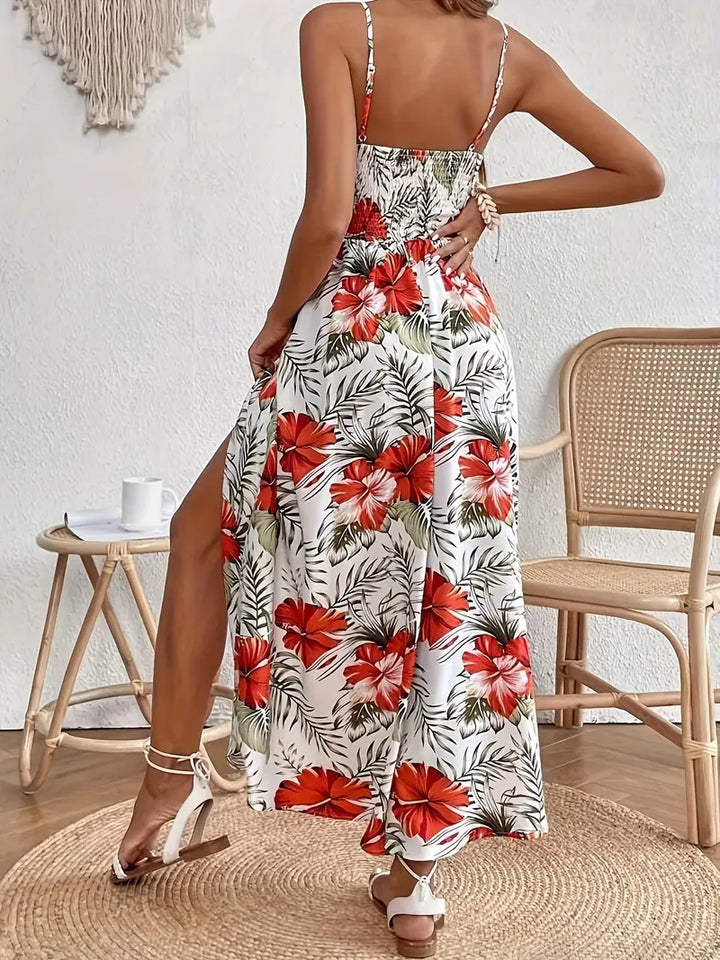 Stylish women's tropical print maxi dress, a flowy boho A-line design for wedding guests or summer events.