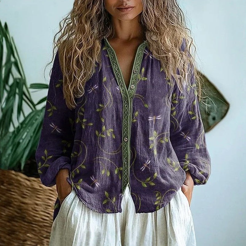 Women's boho vintage floral print blouse with V-neck, long sleeves. Ideal for spring casual wear.