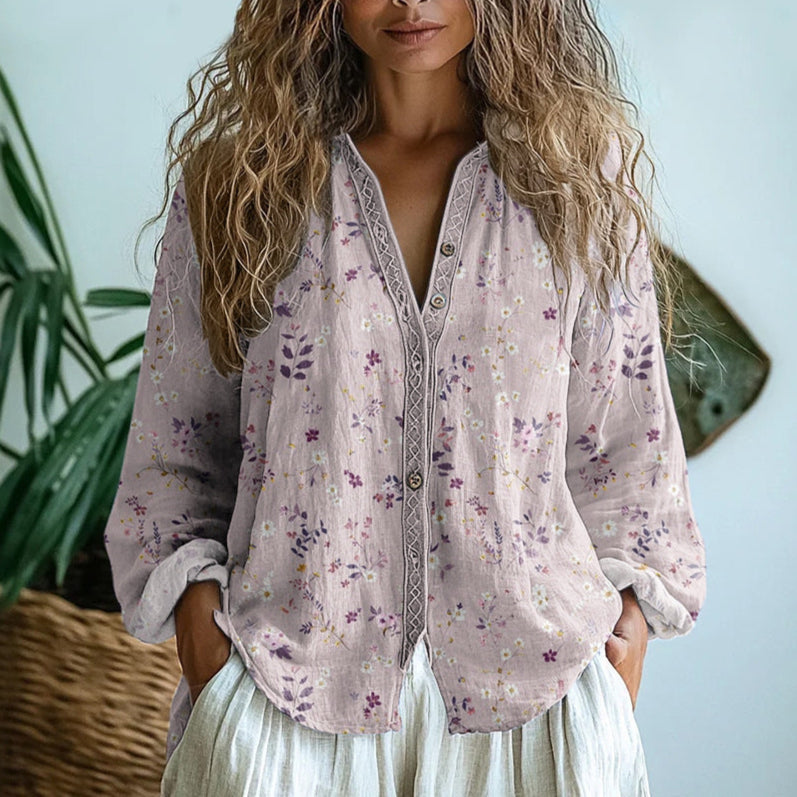 Boho chic women's blouse featuring a vintage floral patchwork print and loose fit. Perfect for summer.