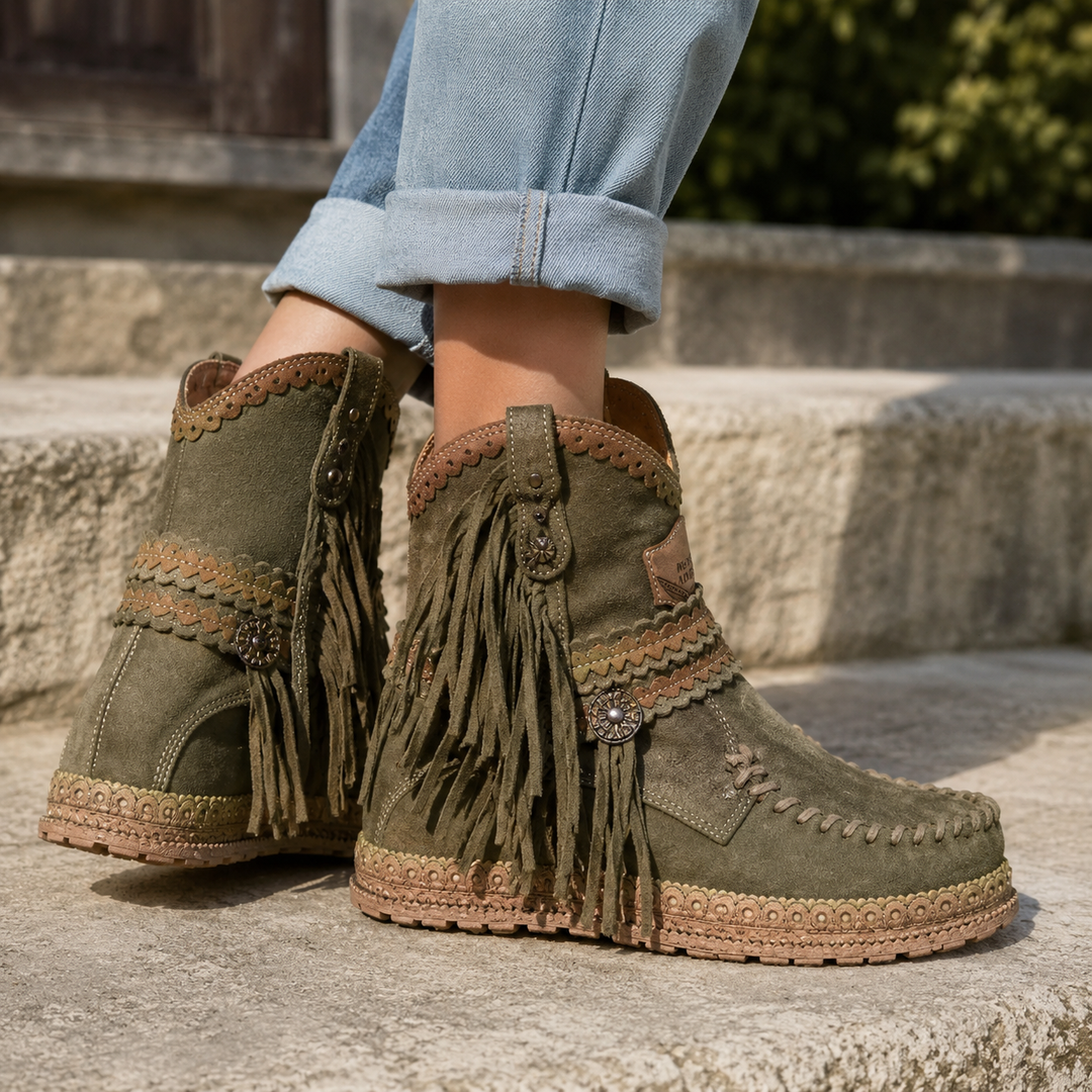 Chic women's boho western fringe ankle boots. Ideal casual chic festival wear or everyday fashion footwear.