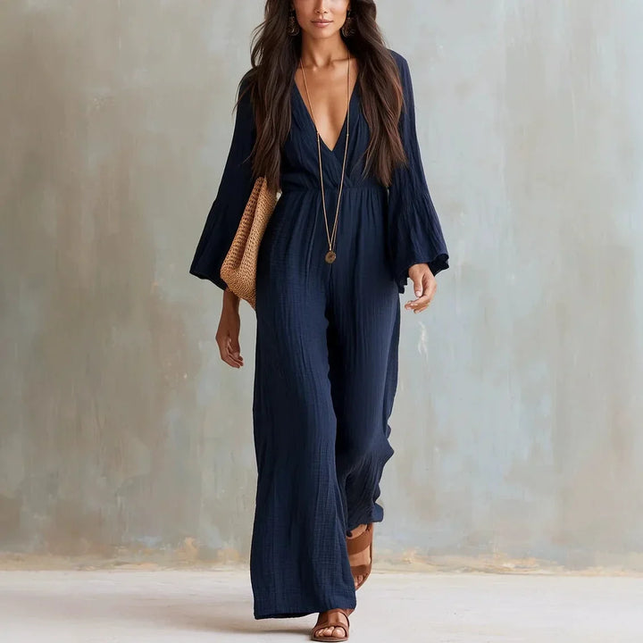 Comfortable women's boho wide leg jumpsuit, stylish V-neck & flare sleeves. Ideal for summer, casual or vacation wear.
