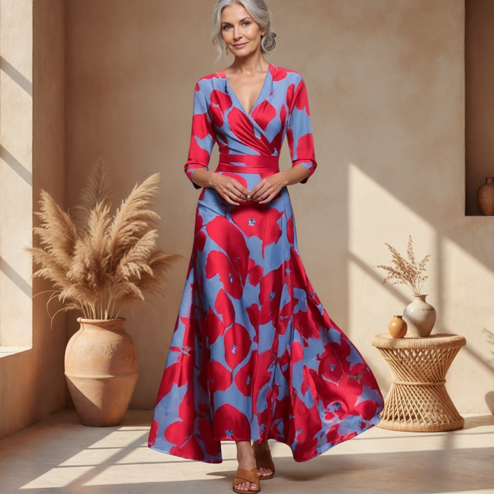 Women's bold floral wrap V-neck flowy maxi dress, perfect for elegant summer parties or wedding guests.