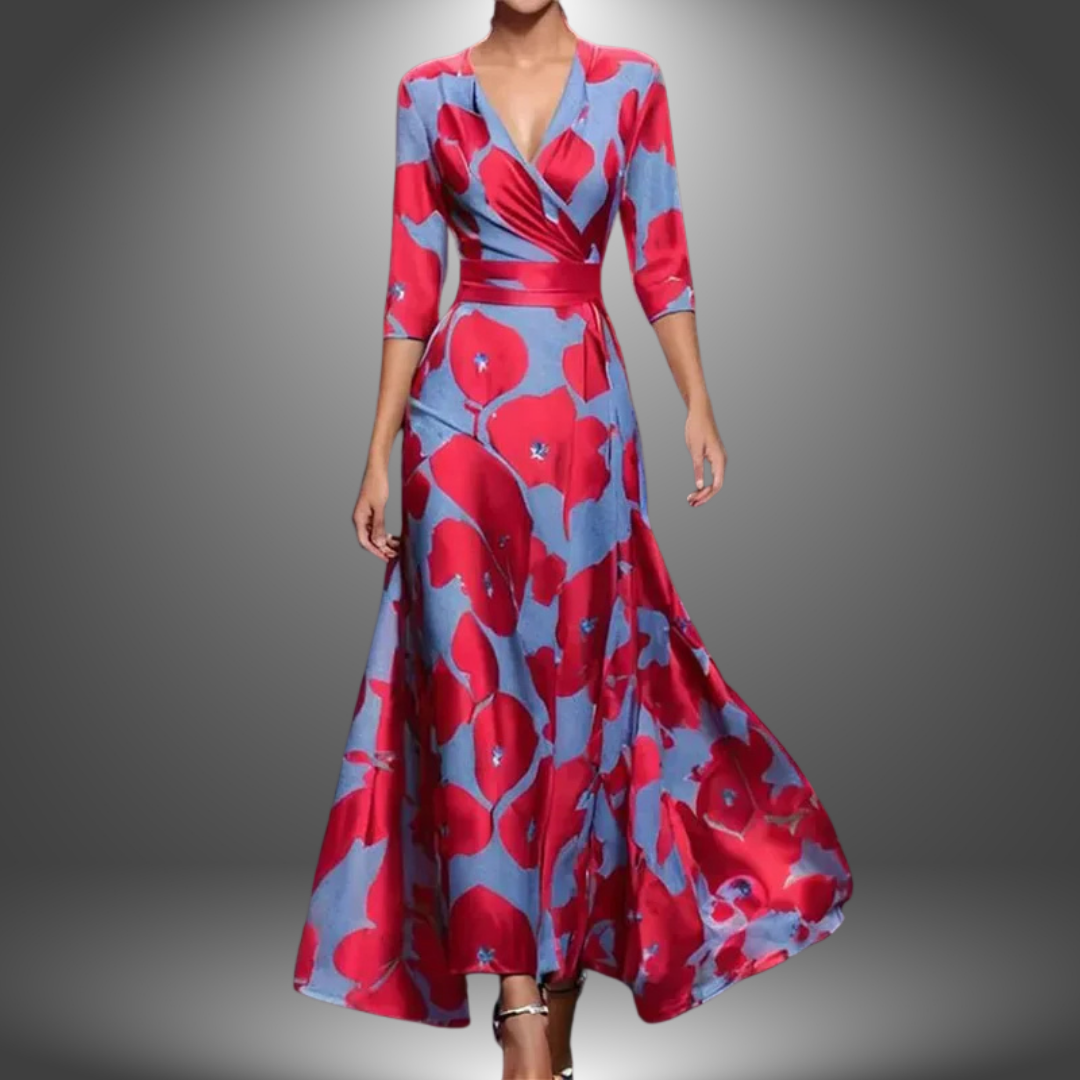 Elegant women's maxi dress with a bold floral print, flattering wrap V-neck, and flowy silhouette.
