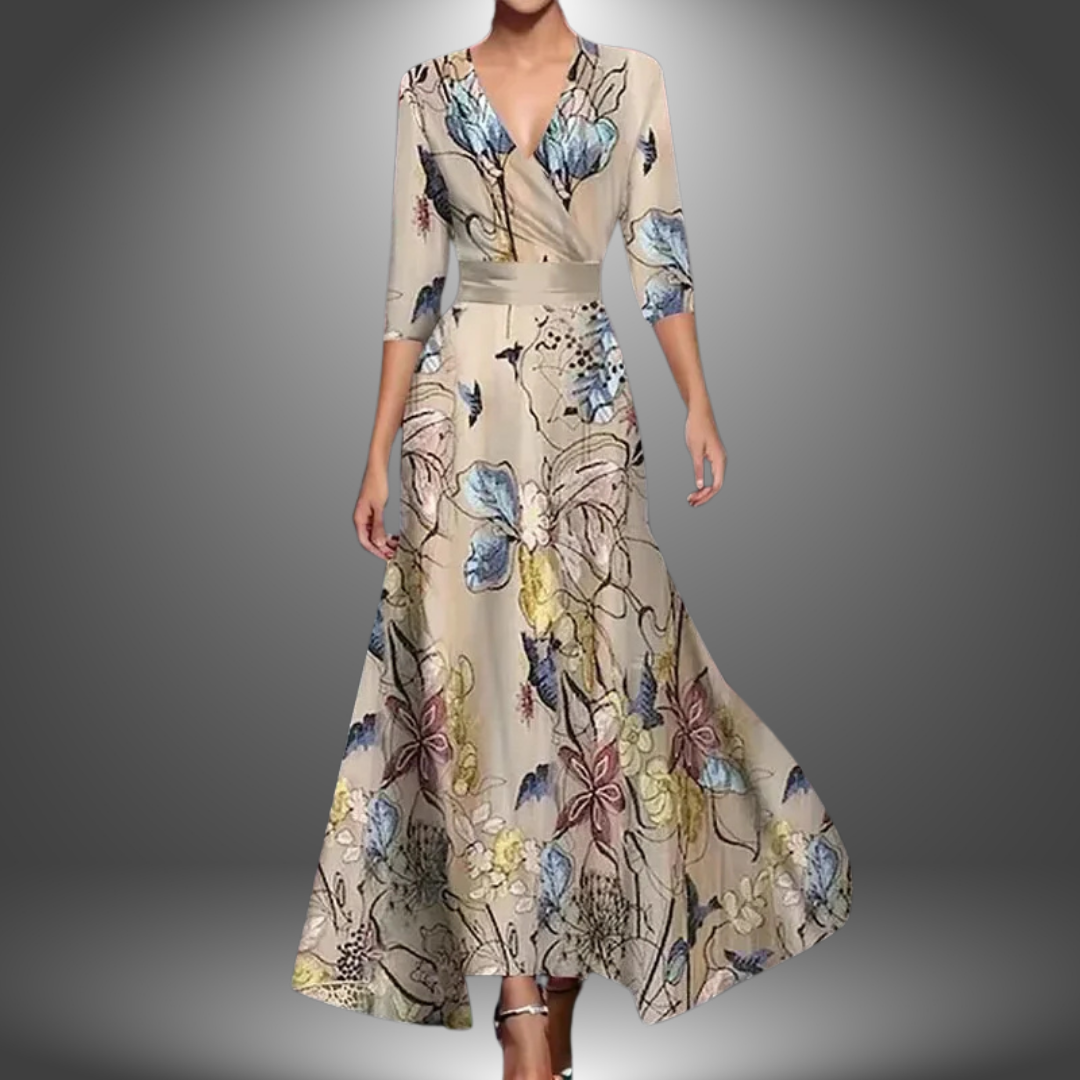 Comfortable flowy maxi dress for women, featuring a bold floral design, V-neck, ideal for summer events.