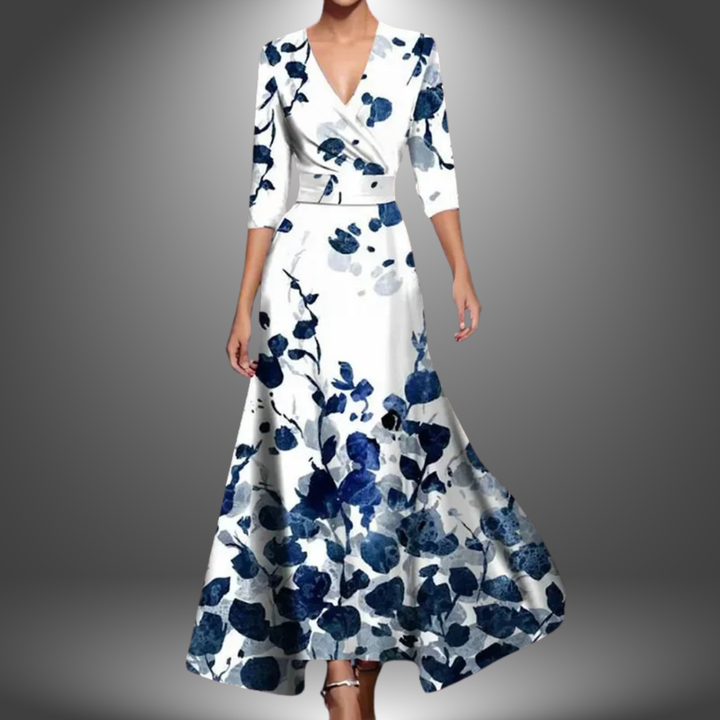 Stunning women's floral wrap V-neck maxi dress. Flowy design suitable for evening wear or party events.