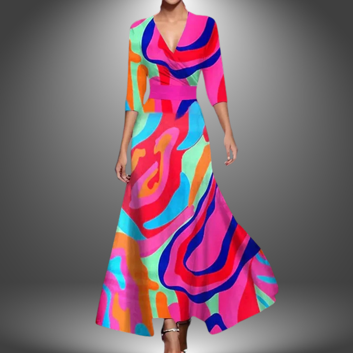 Chic women's V-neck wrap maxi dress, boasting a vibrant bold floral print and a relaxed, flowy fit.