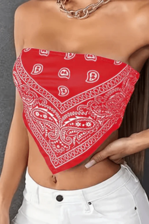 Women's bold paisley print bandeau tube top. Retro strapless design, perfect for summer fashion, vacations & casual wear.
