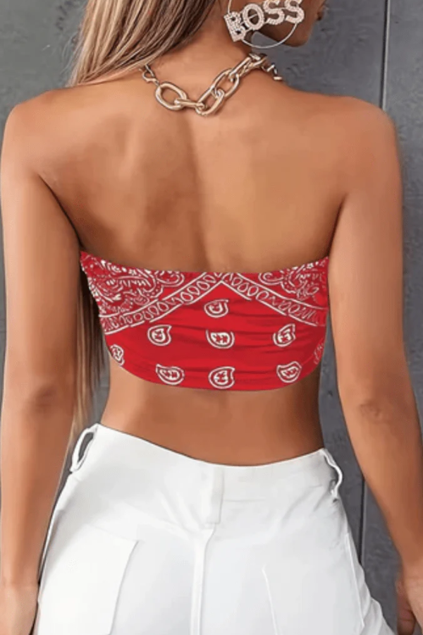 Stylish women's paisley bandeau tube top. Sleeveless retro design, ideal strapless summer fashion & vacation wear.