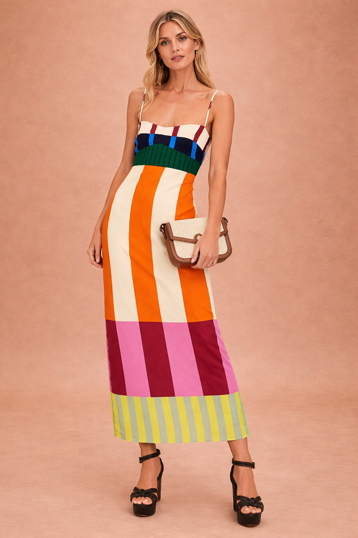 Women's bold stripe colourblock bodycon midi dress, perfect for a chic party or evening out.