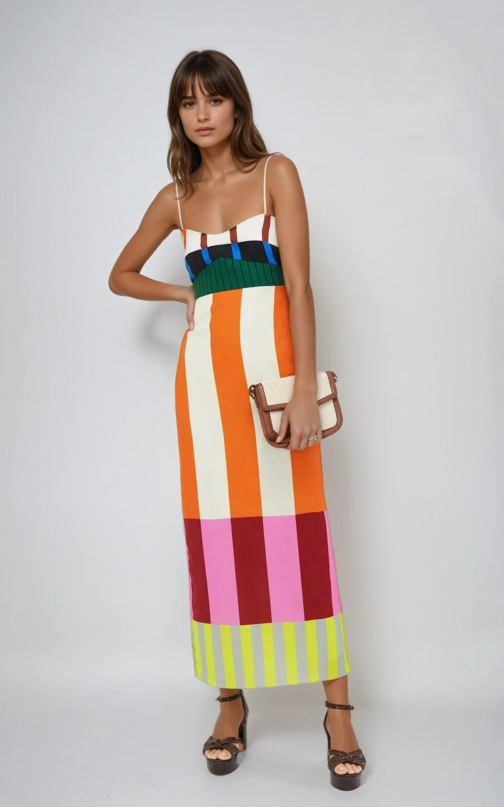 Fashion-forward women's bodycon midi dress with bold colourblock stripes & spaghetti straps, ideal for summer.