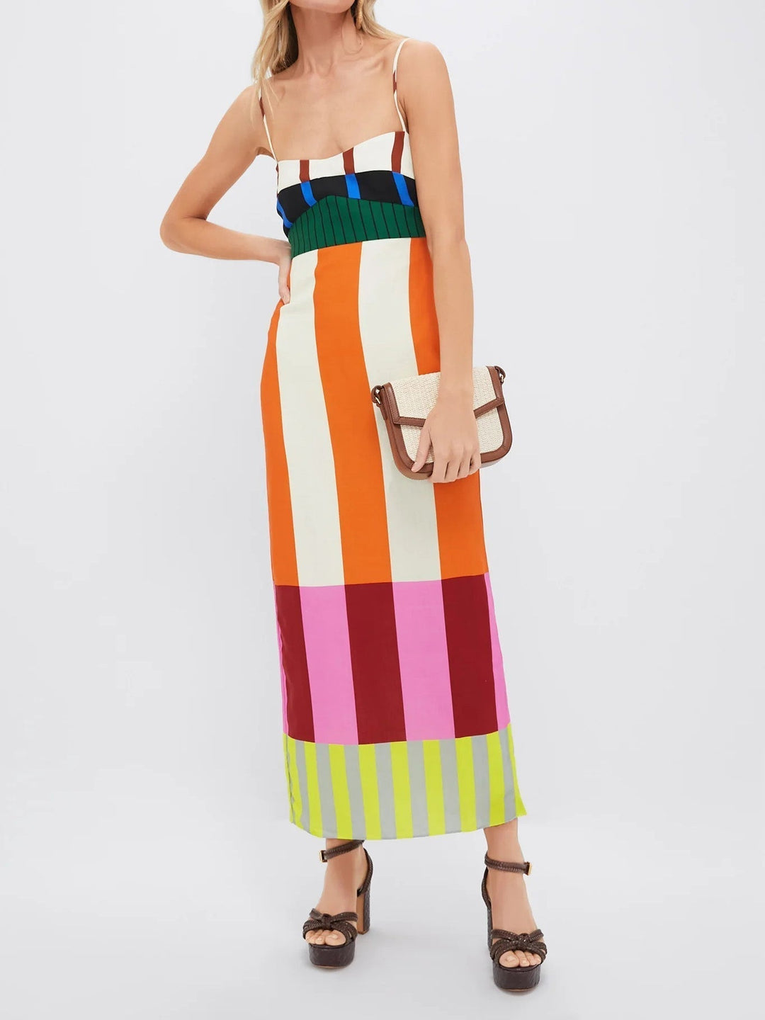 Chic women's statement midi dress with bold stripes & colourblock design. A stylish bodycon party dress.