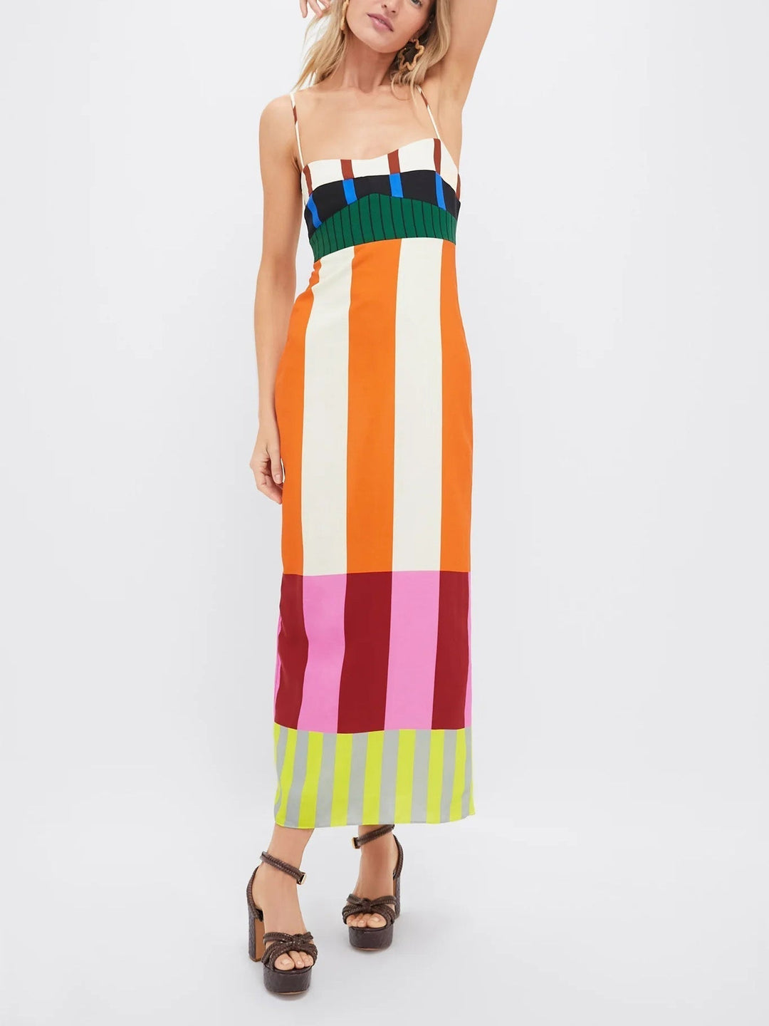 Model wearing a women's bold stripe colourblock bodycon midi dress, a stunning evening and party outfit.