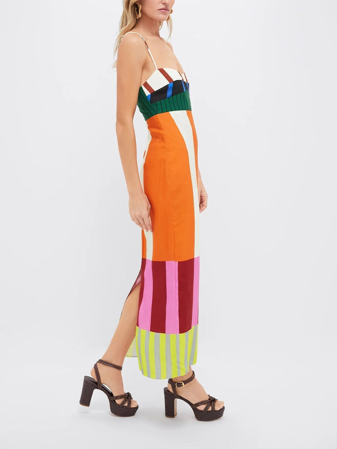 Women's bodycon midi dress featuring bold colourblock stripes & spaghetti straps. Perfect for parties.