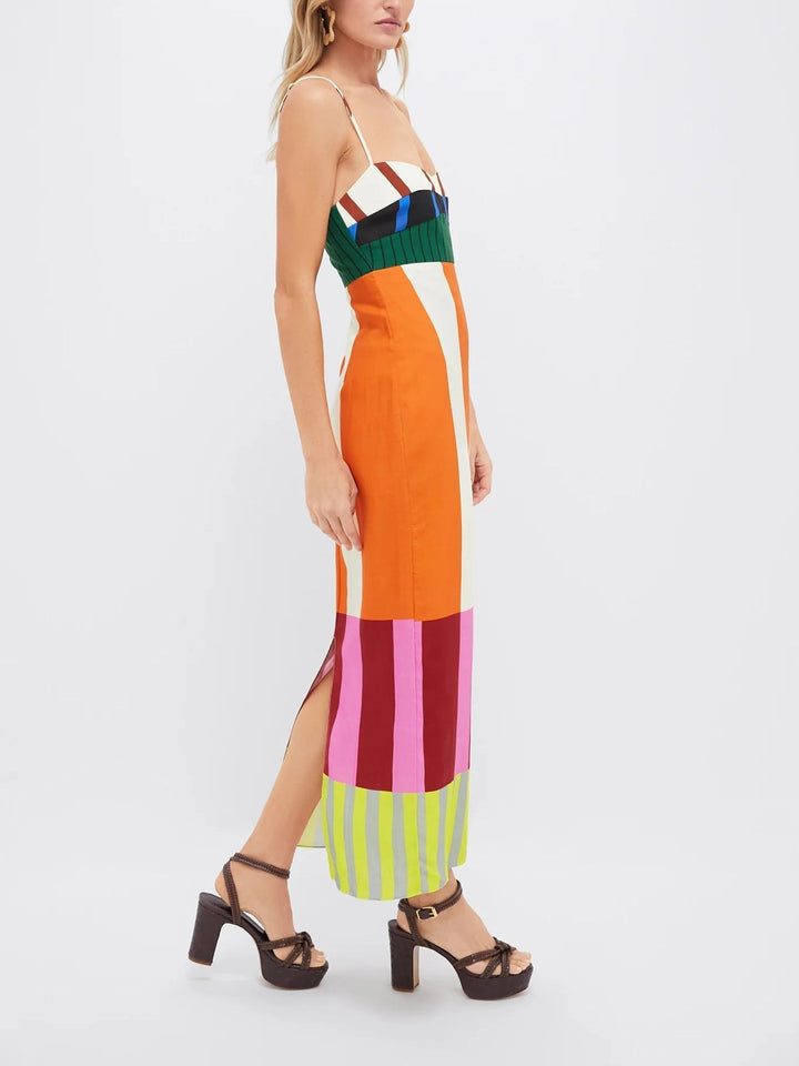 Women's bodycon midi dress featuring bold colourblock stripes & spaghetti straps. Perfect for parties.