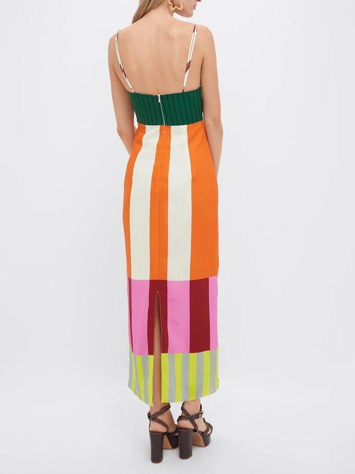 Striking women's colourblock midi dress with bold stripes, bodycon fit, & spaghetti straps. A chic fashion statement.