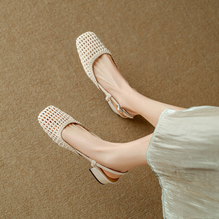 Comfortable women's braided slingback sandals featuring a trendy block heel. Ideal for daily wear.
