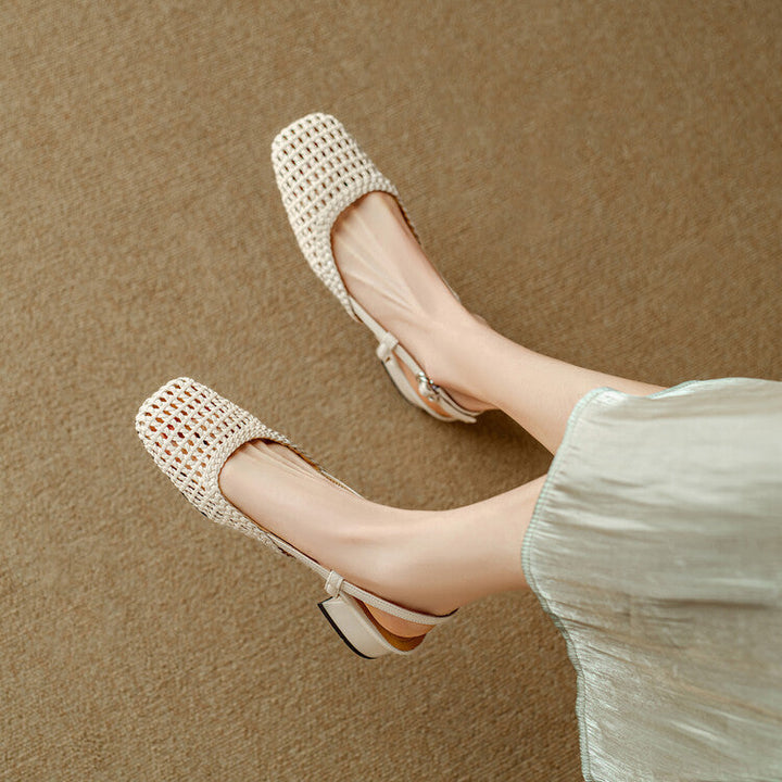 Comfortable women's braided slingback sandals featuring a trendy block heel. Ideal for daily wear.