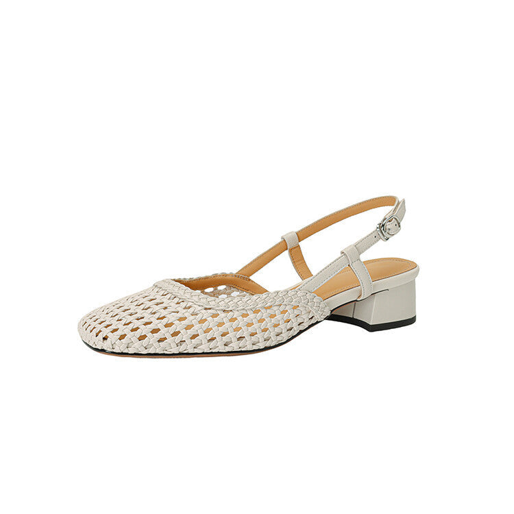 Stylish women's slingback sandals showcasing a braided design & stable block heel. Perfect summer chic.