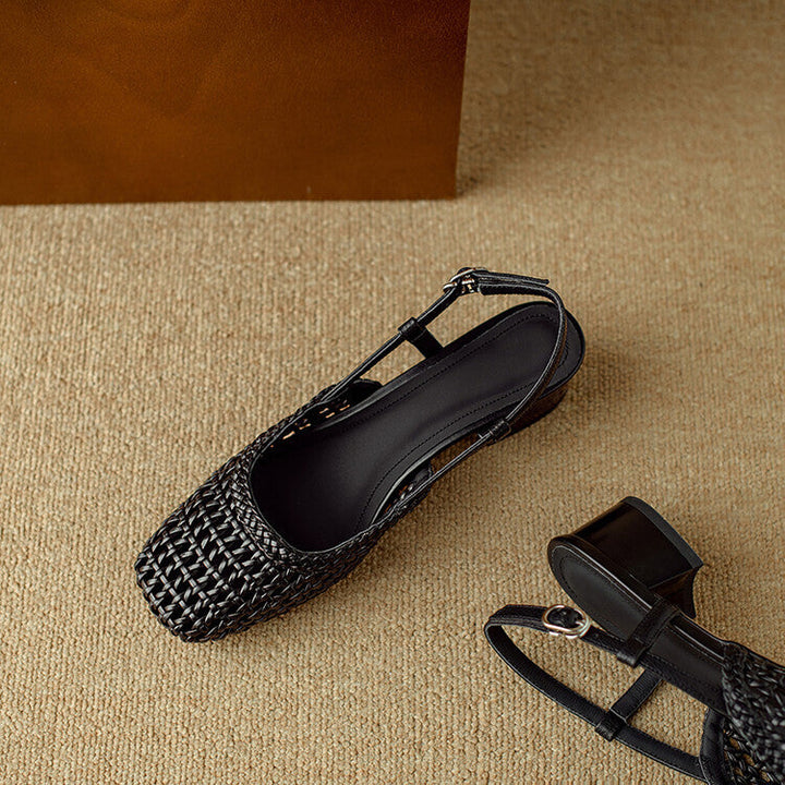 Fashionable women's braided block heel slingback sandals, offering comfort & style for any occasion.