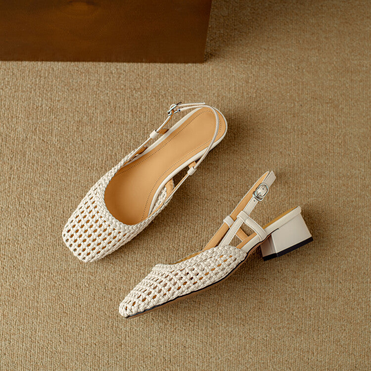 Elegant women's braided slingback sandals with a comfortable block heel, ideal for summer & versatile outfits.