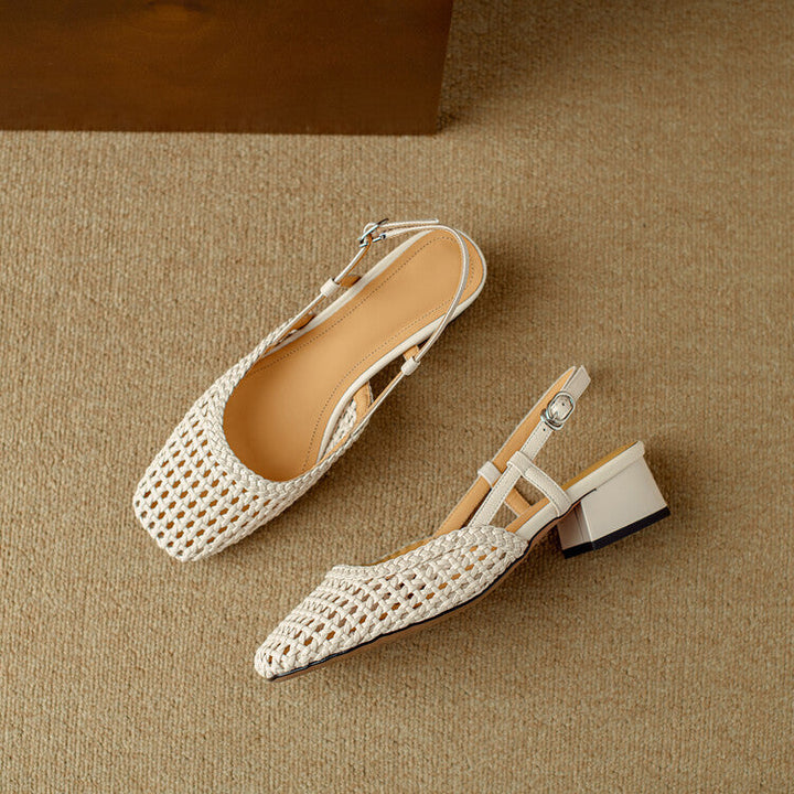 Elegant women's braided slingback sandals with a comfortable block heel, ideal for summer & versatile outfits.