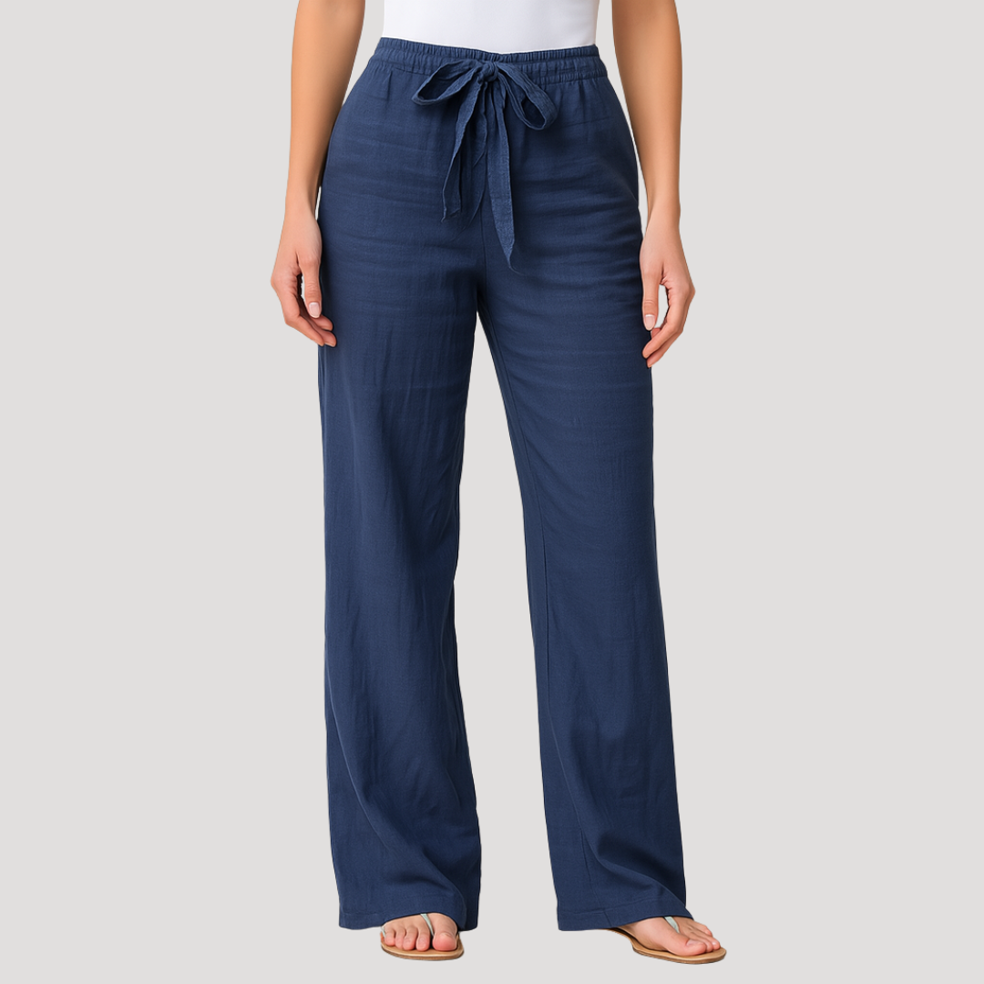 Women's breathable linen straight leg trousers with a comfy drawstring waist, perfect for summer casual wear.