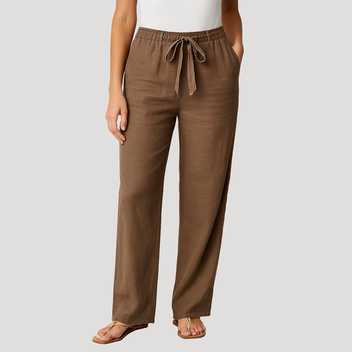 Relaxed fit women's linen drawstring pants, ideal for comfortable daily wear & breathable summer fashion.